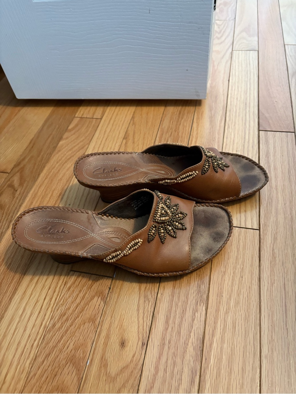 Clarks Tan Leather Beaded Slide Sandals
